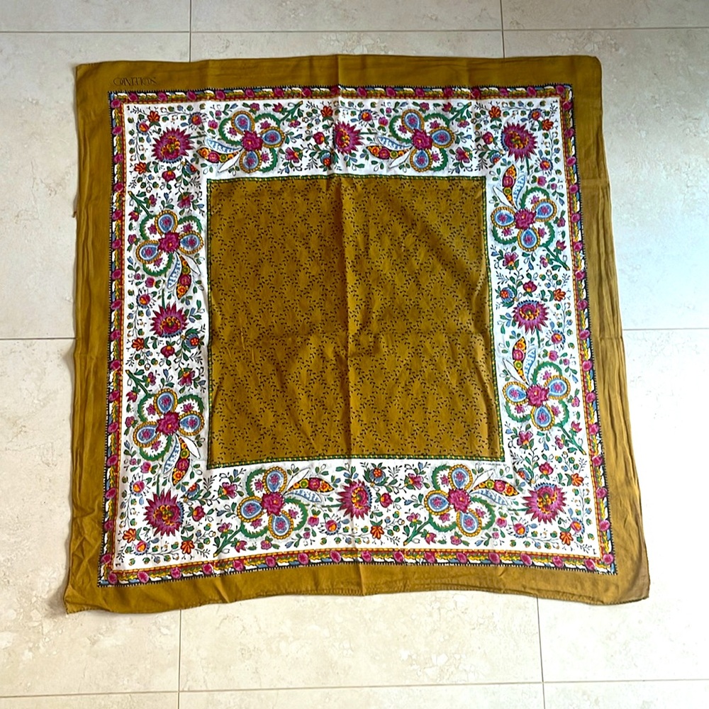 Vtg. SOULEIADO Charles Demery French Country Mustard Yellow Cotton Scarf Floral